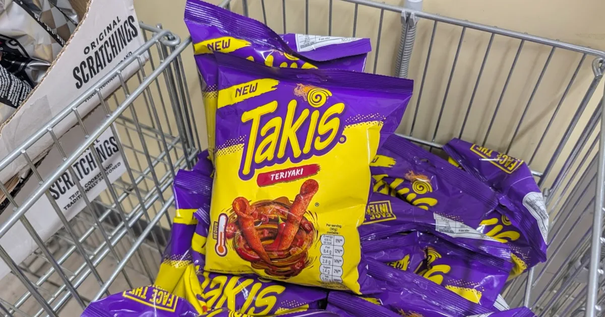 Bags of the new Takis Teriyaki flavour on a shelf at a Heron Foods store